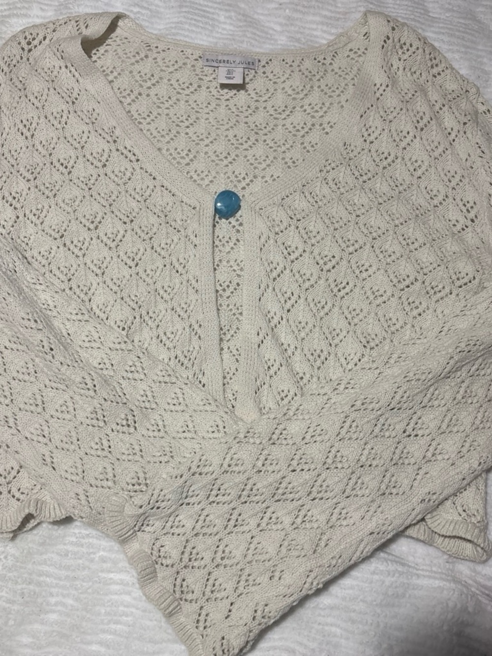 Sincerly Jules Cream Open-Knit Diamond-Pattern Cardigan with Blue Button